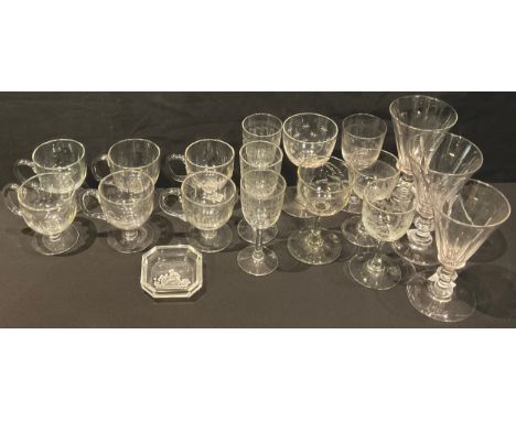 A set of six 19th century clear glass custard cups, 7.5cm; a set of three trumpet shaped ale glasses; other later acid etched