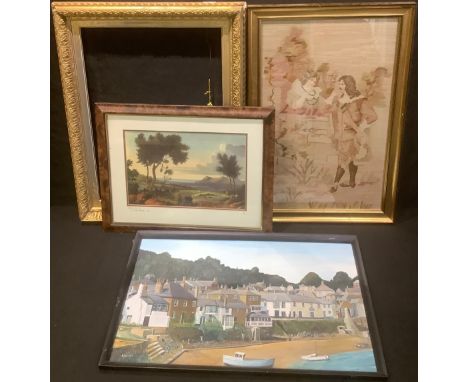 Pictures and Prints - a Berlin woolwork panel, 67cm x 41.5cm; K. W. Capwell, The Lobster Pot, Mousehole, Cornwall, signed, da