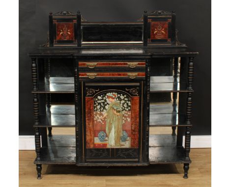 A late Victorian walnut-trimmed, ebonised, parcel-gilt and painted drawing room or parlour cabinet, shaped half-gallery centr