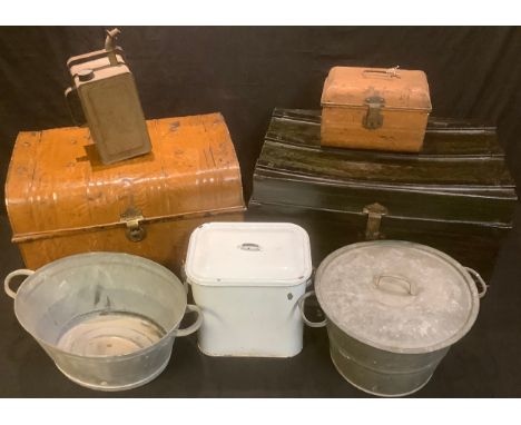 A white enamel bread bin and cover, a galvanised metal two handled wash tub, a galvanised wash day bucket and cover, a tin tr