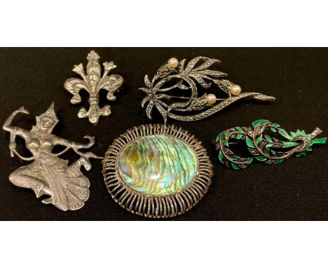 Jewellery - two marcasite brooches; a silver and mother of pearl brooch; two silver brooches (5) 