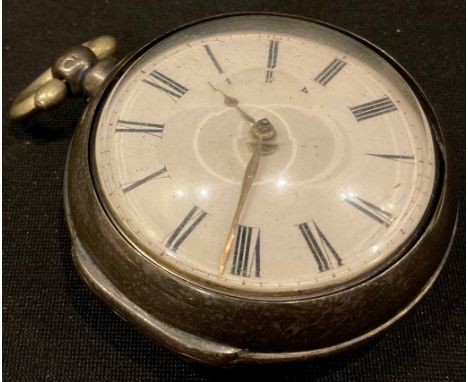 A silver open face pocket watch, white enamel dial, Roman numerals, silver outer case, 19th century 