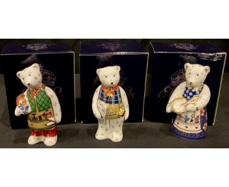 A Royal Crown Derby Teddy Bear model, Cook Bear, 9cm, printed mark, boxed; two others, DIY Bear and Gardener Bear, all boxed 