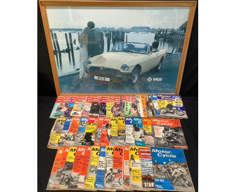 Automobilia -  a British Leyland MG poster, c.1980, 68cm x 99cm, framed; a Motorcycle Mechanics Scooter &amp; Three-Wheeler m