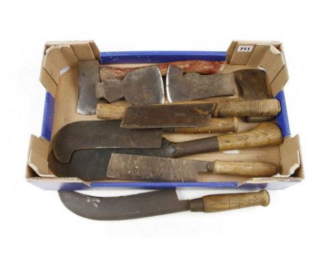 Two billhooks, four axe heads etc G