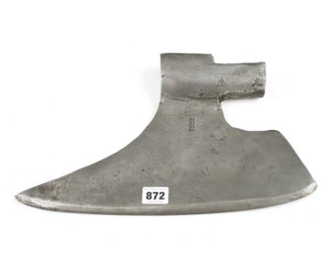 An 18c Austrian L/H broad axe head with touch mark and other decoration 14" edge 