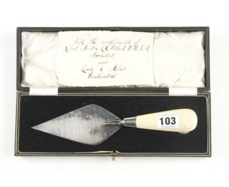 A presentation trowel with ivory handle presented to Mr A Holt 1931 9" o/a F