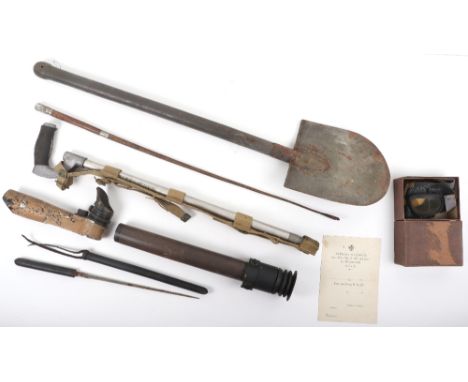 Mixed Military Equipment, including large vehicle spade / shovel with painted head and wooden haft; Royal Artillery riding cr