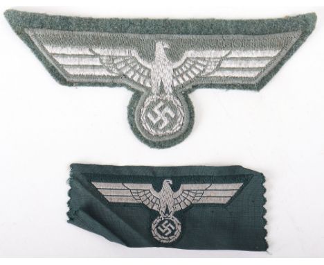 WW2 German NCO’s Tunic Breast Eagle, silver metallic wire eagle on field grey backing cloth. Accompanied by a bevo German arm