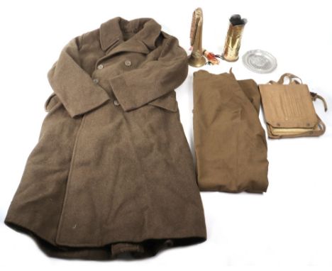 WW1 trench art shell case, 1944 map case, great coat, army trousers and more. 7 items 