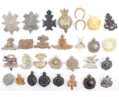 30x British Regimental Badges, including 13th Foot brass glengarry badge, Royal Leicestershire regiment cap badge, 17th Foot 