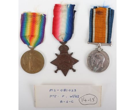 Great War 1914-15 Star Medal Trio Army Service Corps, group was awarded to “M2-081023 PTE F WEBB A.S.C”. Medals remain in gen