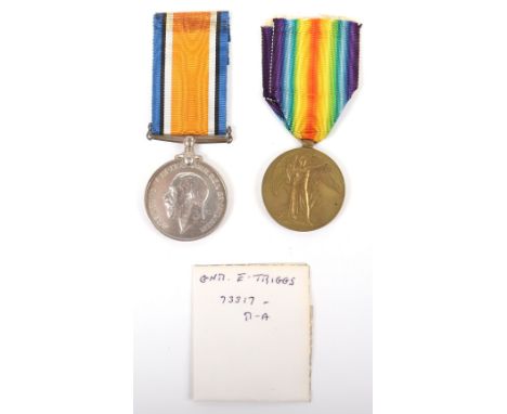 WW1 British Medal Pair Royal Artillery, consisting of British War and Victory medals awarded to “73317 GNR E TRIGGS R.A”. Med