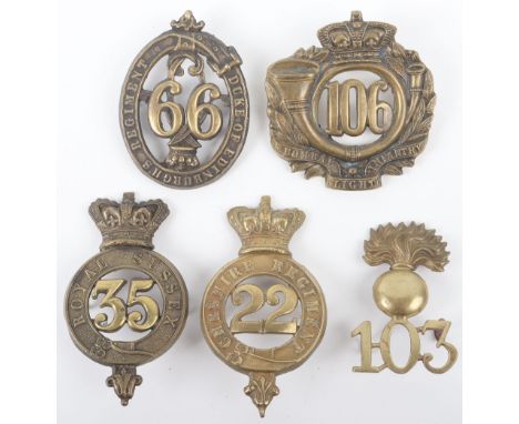 5x British Pre-Territorial Glengarry Badges, all being brass examples for 22nd Foot, 35th Foot, 99th Foot, 103rd Fusiliers an