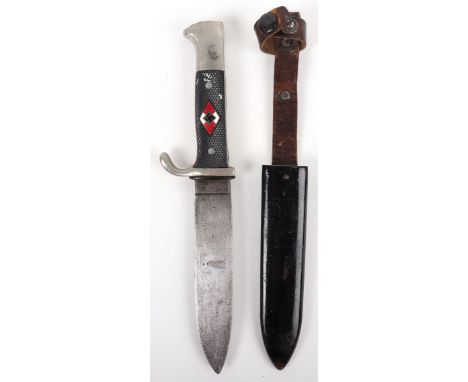 WW2 German Hitler Youth Knife by Anton Wingen Jr, standard pattern example with the chequered grip having enamel HJ diamond t