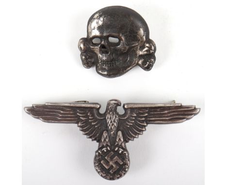 Waffen-SS Cap Insignia Set, being a Waffen-SS pattern cap eagle with three prong fittings to the reverse, maker marked RZM M1