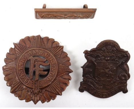 Irish Army Officers badges and Cardiff badge: Irish cap badge with blades to back and other with lugs, Cardiff badge with lug