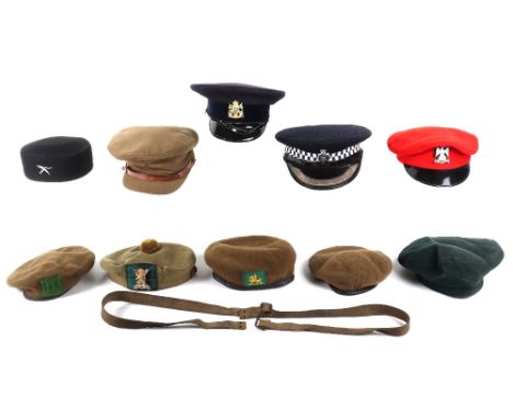 Military and Police Hats: Army officers peak hat, five beret type hat two with badges, Cheshire Constabulary hat, two badged 