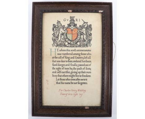 WW1 Framed Memorial Scroll DCLI Killed in Action 16th September 1916; Period wooded framed scroll for PTE. Charles Henry Wald
