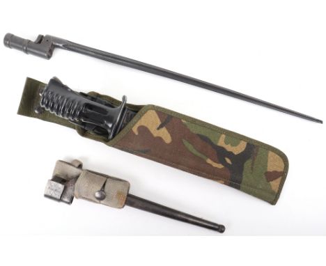 British SA 80 Bayonet and Two Others: SA 80 bayonet complete with scabbard and camo frog, spike bayonet in scabbard with frog