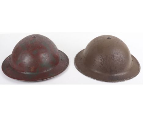 WW2 British Helmets: Camo painted steel helmet, metal stamped 1938 complete with liner and chin strap, other helmet metal sta