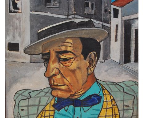 Royden Godfrey - Portrait of Buster Keaton, acrylic on canvas, inscribed 'Royden Godfrey 3 Steele's Studios, Hampstead, Primr