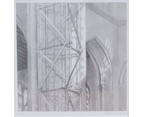 Lilias August (b.1955) - Scaffold Shadows, St Edmundsbury Cathedral, Bury St Edmunds, limited edition print, signed and numbe