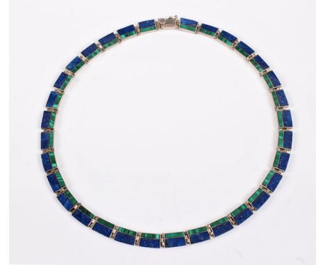 A silver, lapis lazuli and malachite necklace, the slightly tapered rectangular links inset with lapis lazuli and malachite, 