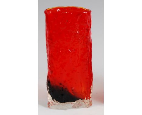 Geoffrey Baxter for Whitefriars - a ruby tinted textured 'Bark' glass vase, of flattened oval form, h.17.2cm