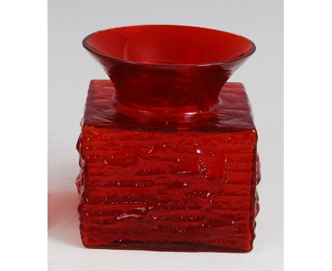 A 1960s Whitefriars type textured ruby glass square section squat vase, having a flaring rim, h.11.7cm