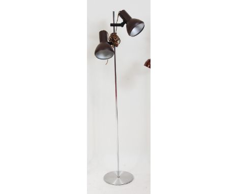 A 1970s Danish twin-light floor lamp, having two brown painted metal squat domed shades on chrome rod column, to brushed alum