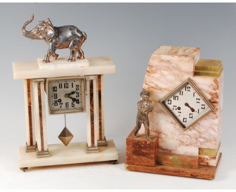 A French Art Deco onyx and marble inset portico clock, surmounted with a silver spelter elephant, raised on four square chrom