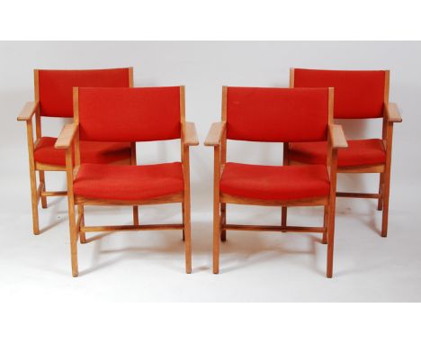 Hans Wegner (1914-2007) - a set of four Getama light oak elbow chairs, each having fabric upholstered fixed pad back and seat