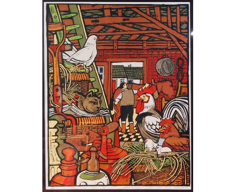 Karel Burrows - Barn Interior, lithograph printed in colours, signed, titled, dated '74, and numbered 50/150 in pencil to the