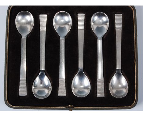 *Georg Jensen (1866-1935) - a set of six silver parallel pattern coffee spoons, each with stamped monograms and Sterling Denm