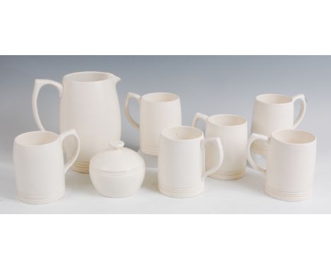 Keith Murray for Wedgwood - a 'Moonstone' lemonade set, comprising large jug, six tankards, and a circular sugar bowl with co