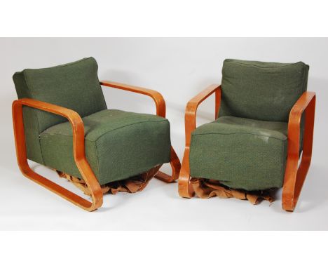Alvar Aalto (1898-1976) for Finmar Ltd - a pair of model 44 Paimio chairs, having bent ply arms and green fabric herringbone 