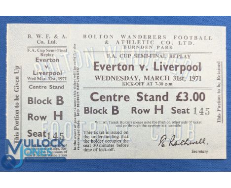1971 FA Cup Semi-final Replay Football Ticket, Everton v Liverpool at Bolton Wanders - looking unused G+