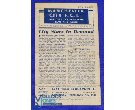 1943/44 War League North Manchester City v Manchester Utd 29 January 1944, 4 pages, cup qualifying game; folds/light crease, 