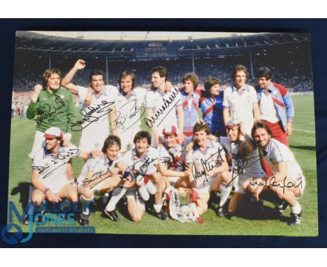 West Ham Utd 1980 FAC Winners colour photograph of the team with the trophy on the pitch at Wembley, laid down on canvas over