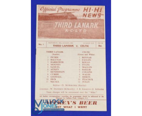 1951/52 Third Lanark v Celtic Scottish League Cup 25 August 1951, programme no. 1, tiny nick back page, o/wise fair/good. (1)