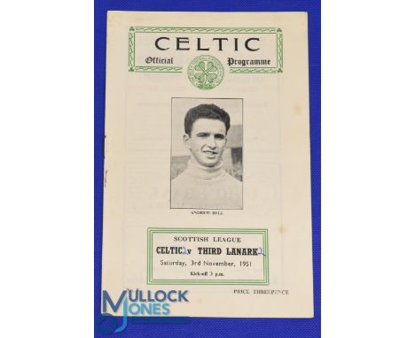 1951/52 Celtic v Third Lanark Div. A match programme 3 November 1951; score on front, team changes, o/wise fair/good. (1)