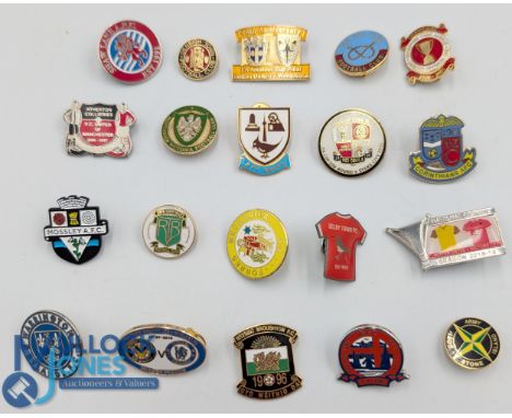 20x Mainly British Non-League metal and enamel Football Badges, with teams of Emley, Bradford Park Avenue, Brymo Broughton, N