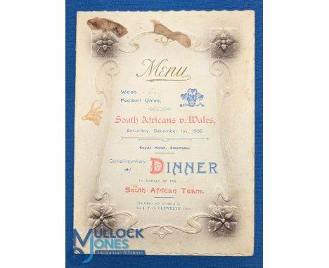 Rare 1906 Wales v S Africa Signed Rugby Menu: Lovely embossed item, 4pp card autographed by almost all the Welsh team, some o