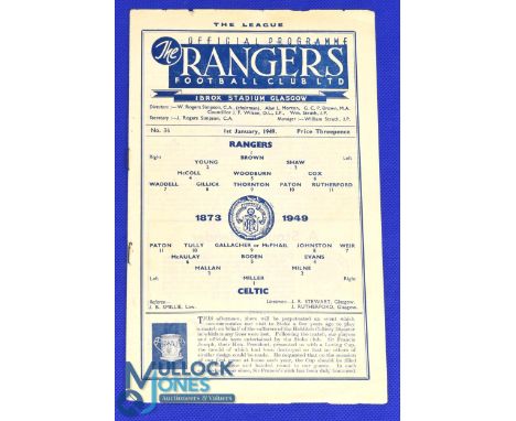 1948/49 Rangers v Celtic Div. A match programme 1st January 1949 at Ibrox; edge mark, slight crease, no writing. (1)