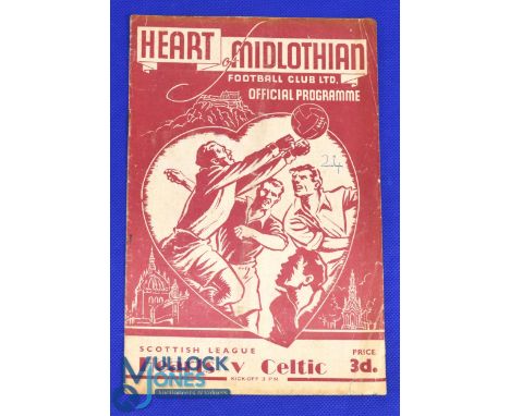 1952/53 Hearts v Celtic Div. 'A' match programme 25 October 1952 at Tynecastle; edge nicks, no. 24 to cover, fair at best. (1