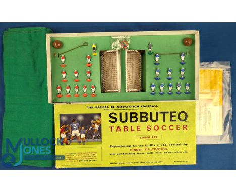 1962-63 Subbuteo Table Soccer Super Set, with celluloid team, red shirts, white shorts, blue shirts, white shorts, contains a
