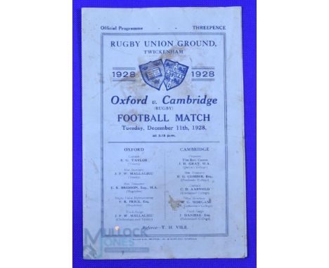 1928 Varsity Match Rugby Programme: Folds, grubby, marks to front, Cambridge four-timer, usual blue 4pp card