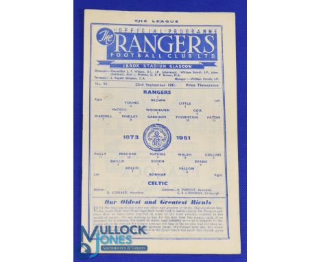 1951/52 Rangers v Celtic Div. A match programme 22 September 1951 at Ibrox; slight fold, kept flat, overall fair/good. (1)