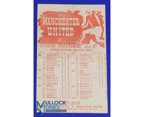 1945/46 Northern League Manchester Utd v Sheffield Wednesday match programme single sheet, light fold, pencil team changes. (